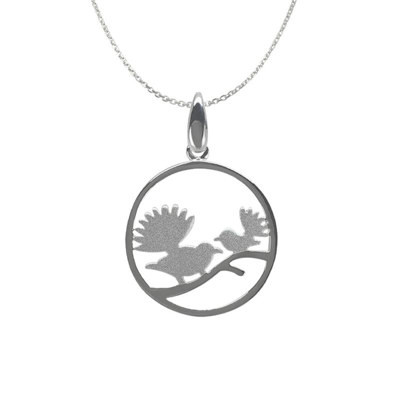 Pendant - 2 Matte Silver Fantails in a Polished Circle